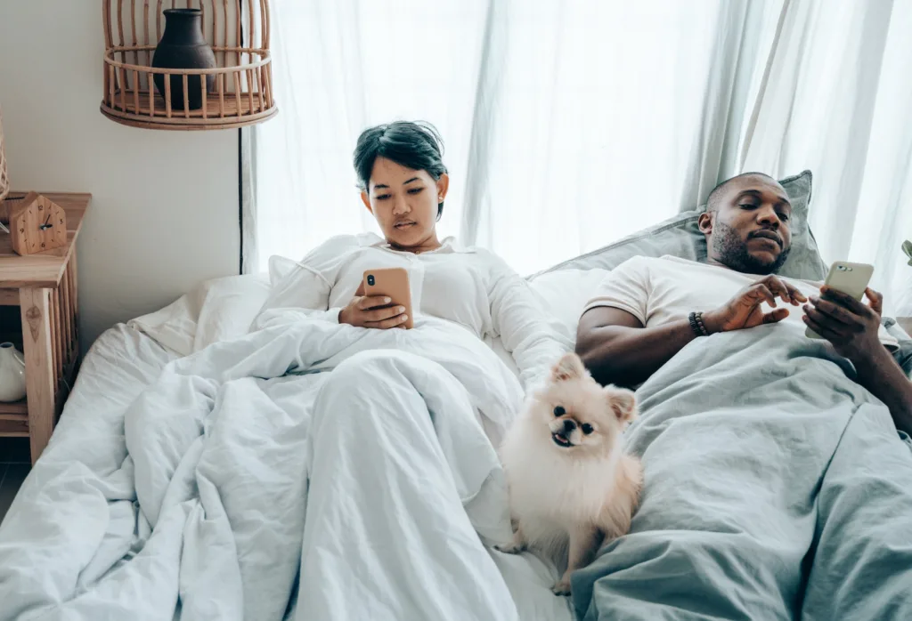 Focused young diverse spouses lying in bed in morning with cute Pomeranian Spitz and browsing smartphones. How to Talk to Your Partner about their Porn Habits - Pornography, Very addictive
